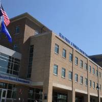 GVSU Raleigh Finkelstein Hall - main entrance at corner of Hastings & Lafayette